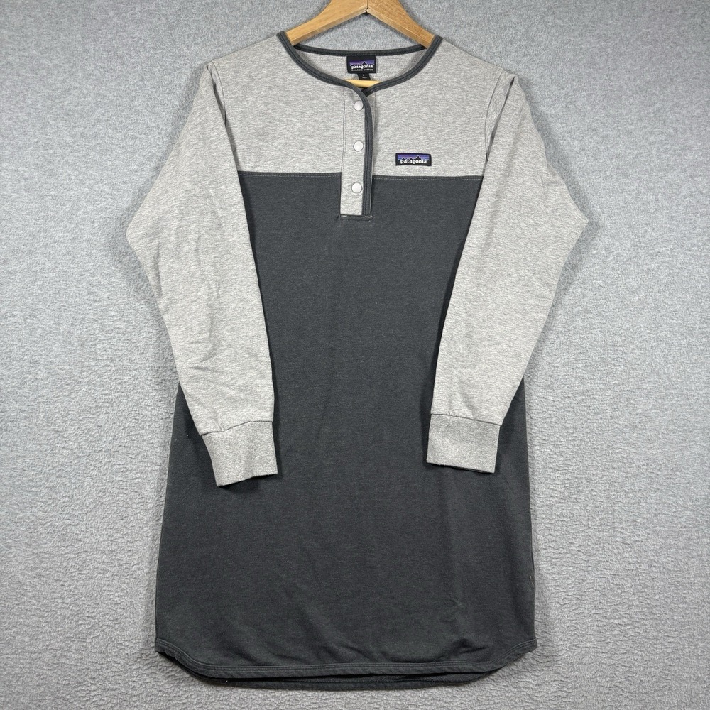 Patagonia Ahnya Henley Dress S Small Gray Colorblock Organic Cotton Snap Fleece